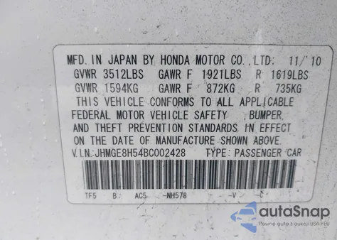 2011 Honda Fit Sport z USA, uszkodzony, nr VIN JHMGE8H54BC002428